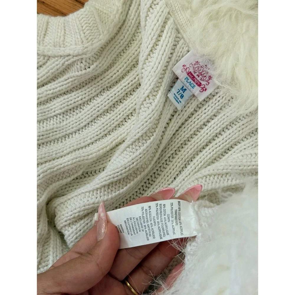 Y2K 2000s The Childrens Place Girls Cream Knit Faux Fur Trim Vest Pom Pom
